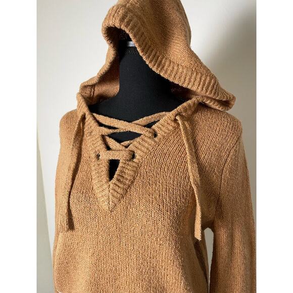 Hollister Hoodie Lace Up Pullover Aztec Western Cable Knit Sweater Tan S - Picture 4 of 10